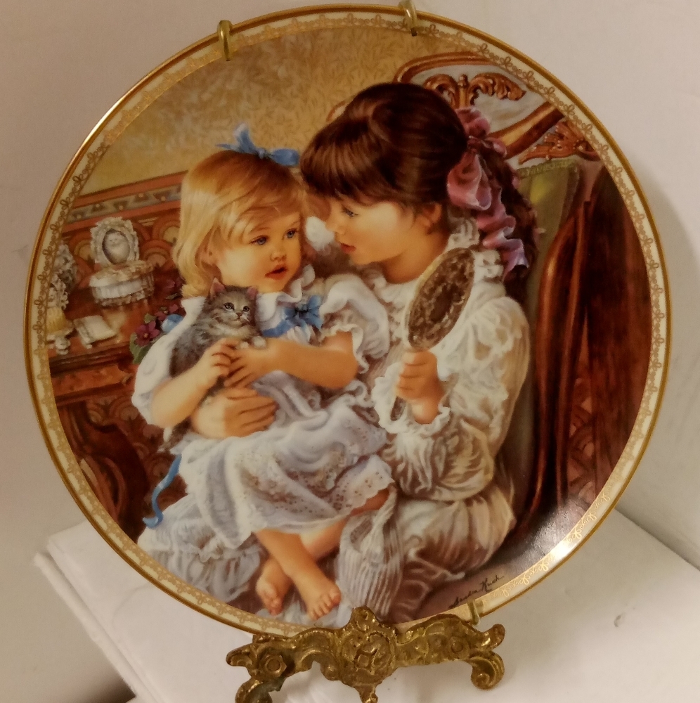 Vintage Sandra Kuck Plate Sisters Brushing Hair in Mirror Holding Cat